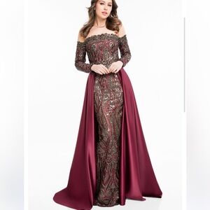 Terani Couture Burgundy Long Sleeve Beaded Evening Gown with Satin Overskirt
